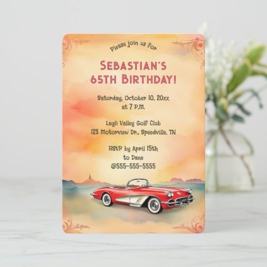 Editable Retro Red Car Einladung (Stehend Vorderseite)