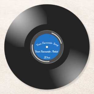 Editable Retro Vinylaufzeichnung mit blauer Mitte Runder Pappuntersetzer