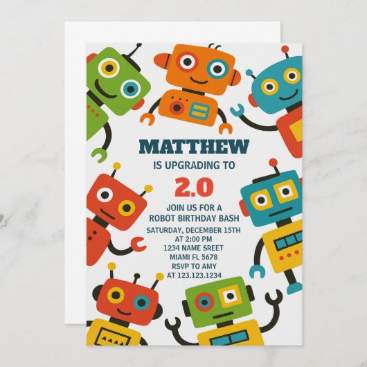 Editable Robot Birthday Invite Einladung (Vorne/Hinten)