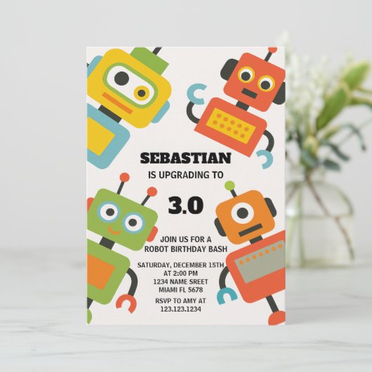 Editable Robot Birthday Party Einladung (Stehend Vorderseite)