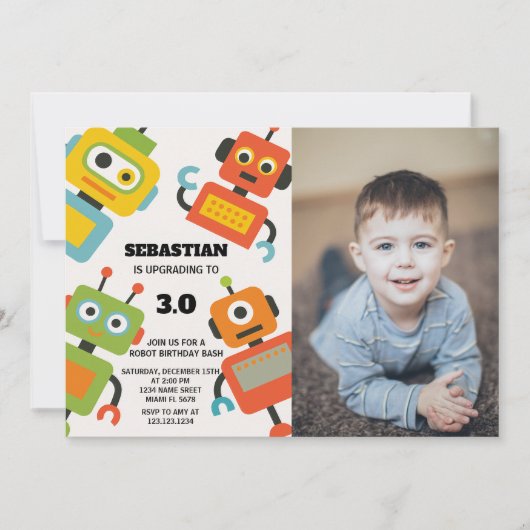 Editable Robot Birthday Party Einladung (Vorderseite)