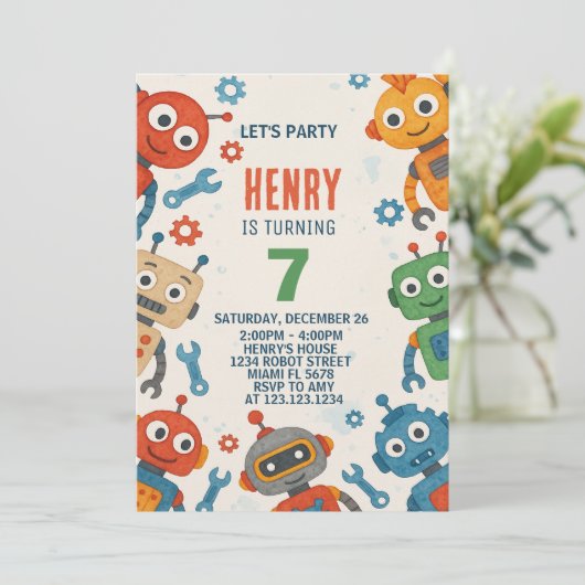 Editable Robot Kindergeburtstag Einladung (Stehend Vorderseite)