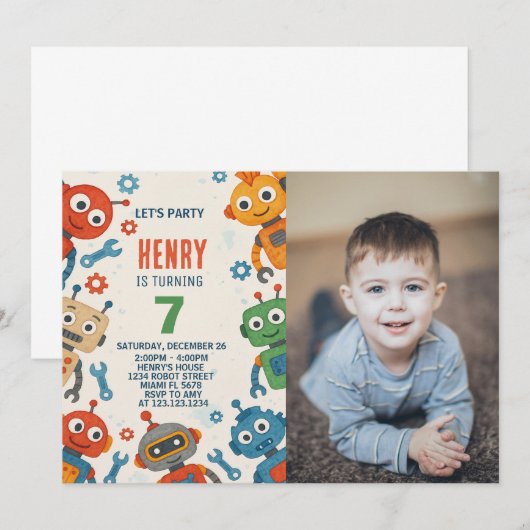Editable Robot Kindergeburtstag Einladung mit Foto (Vorne/Hinten)
