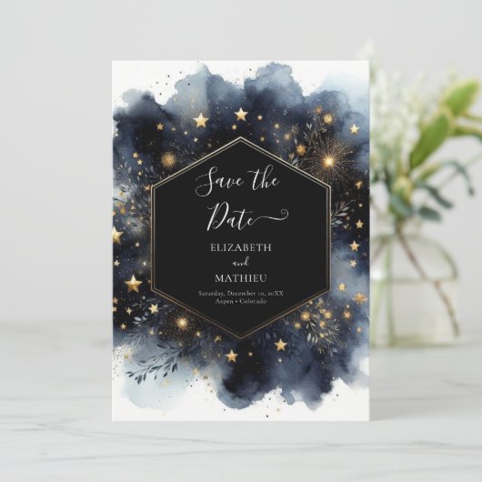 Editable Romantic Celestial Wedding Save The Date (Stehend Vorderseite)