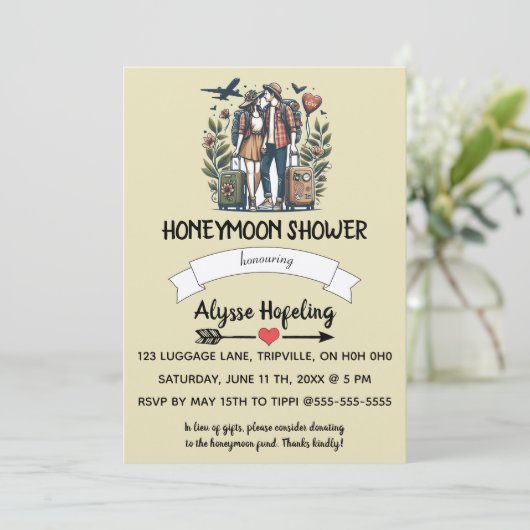 Editable Romantische Honeymoon Dusche Einladung (Stehend Vorderseite)