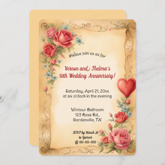 Editable Romantische Rose und Rotes Herz Einladung (Vorne/Hinten)