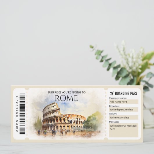 Editable Rome Boarding Pass Flugzeug Ticket Einladung (Stehend Vorderseite)