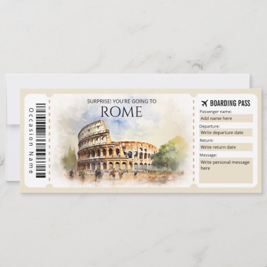 Editable Rome Boarding Pass Flugzeug Ticket Einladung (Vorderseite)