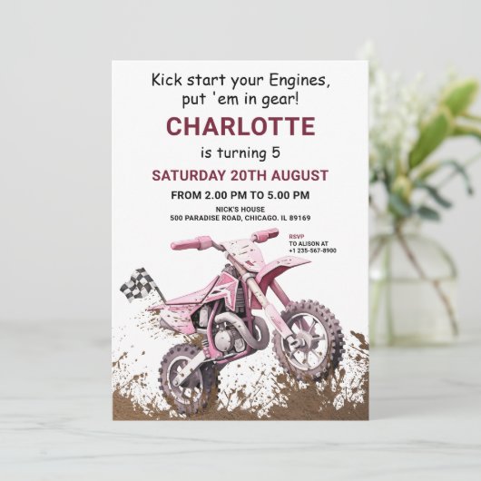 Editable rosa Dirt Bike Einladung Geburtstag (Stehend Vorderseite)