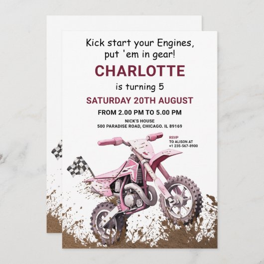 Editable rosa Dirt Bike Einladung Geburtstag (Vorne/Hinten)