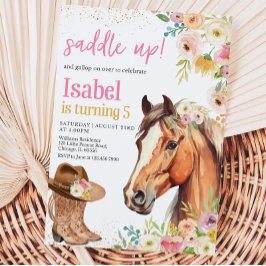 Editable Saddle Up Pink Horse CowGirl Birthday Inv Einladung