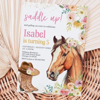 Editable Saddle Up Pink Horse CowGirl Birthday Inv Einladung