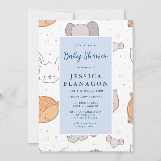 Editable Safari Jungle Animal Blue Baby Dusche Einladung (Vorderseite)