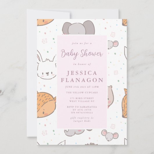 Editable Safari Jungle Animal Pink Baby Dusche Einladung (Vorderseite)