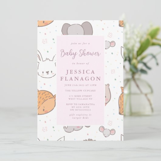 Editable Safari Jungle Animal Pink Baby Dusche Einladung (Stehend Vorderseite)