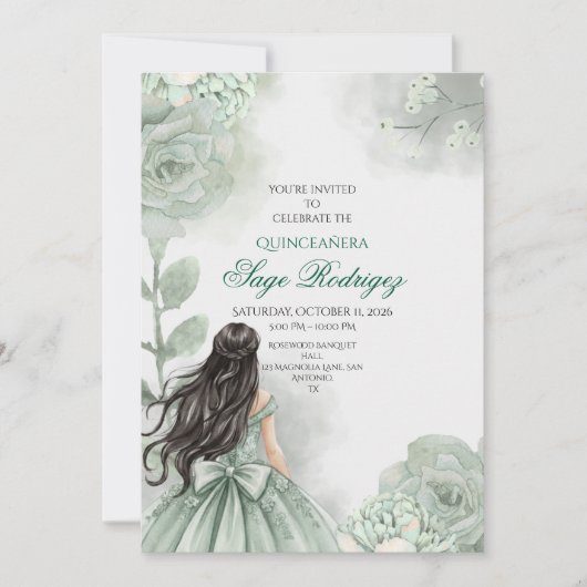 Editable Sage Green Quinceañera Einladung (Vorderseite)