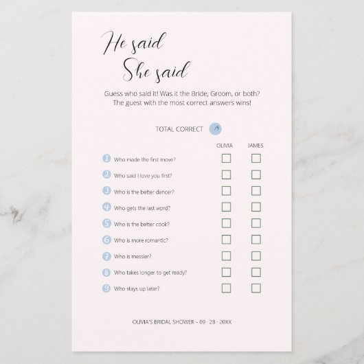 Editable sagte er, sie sagte Polterabend Game. (Vorderseite)