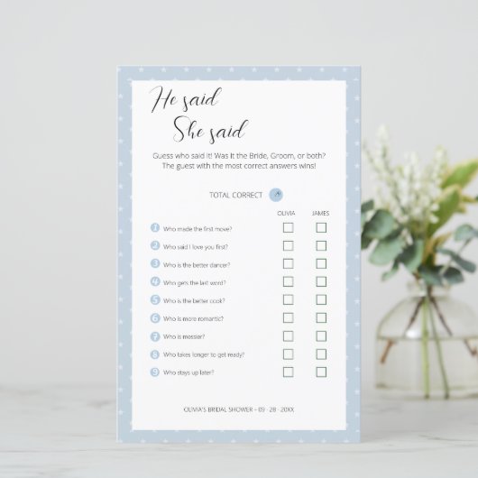 Editable sagte er, sie sagte Polterabend Game. (Stehend Vorderseite)