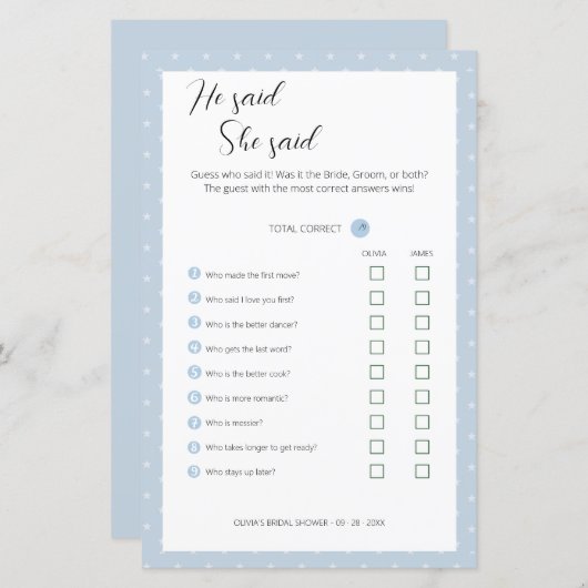 Editable sagte er, sie sagte Polterabend Game. (Vorne/Hinten)