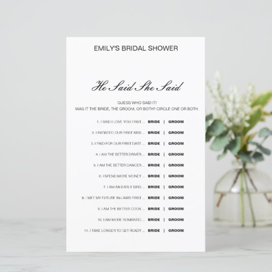 Editable sagte, sie sagte Polterabend Game (Stehend Vorderseite)