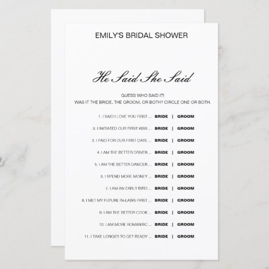 Editable sagte, sie sagte Polterabend Game (Vorne/Hinten)