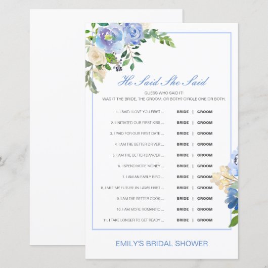 Editable sagte, sie sagte Polterabend Game (Vorne/Hinten)