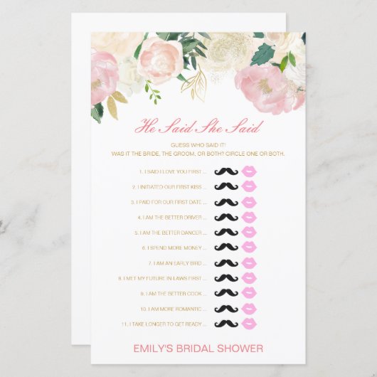 Editable sagte, sie sagte Polterabend Game (Vorne/Hinten)