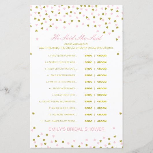 Editable sagte, sie sagte Polterabend Game (Vorderseite)