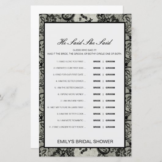 Editable sagte, sie sagte Polterabend Game (Vorne/Hinten)