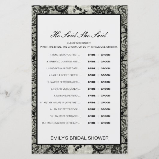 Editable sagte, sie sagte Polterabend Game (Vorderseite)