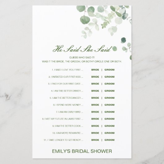 Editable sagte, sie sagte Polterabend Game (Vorderseite)