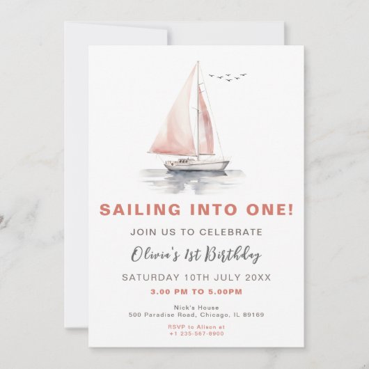 Editable Sailboat Birthday Einladung - Rosa (Vorderseite)