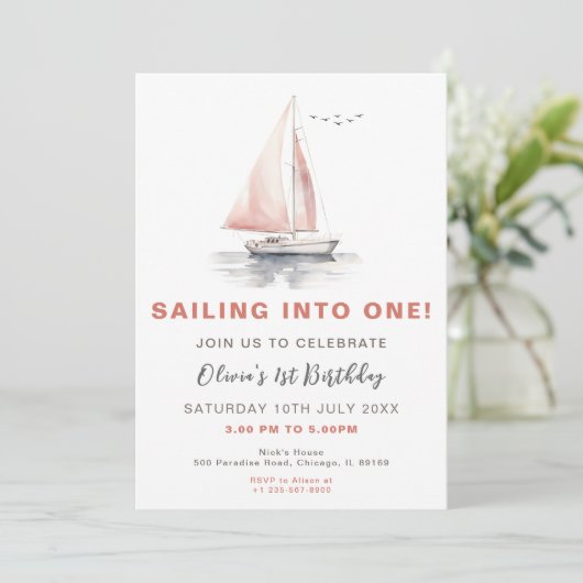 Editable Sailboat Birthday Einladung - Rosa (Stehend Vorderseite)