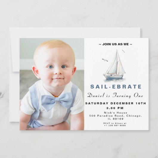 Editable Sailboat Nautic Foto Geburtstag Einladung (Vorderseite)