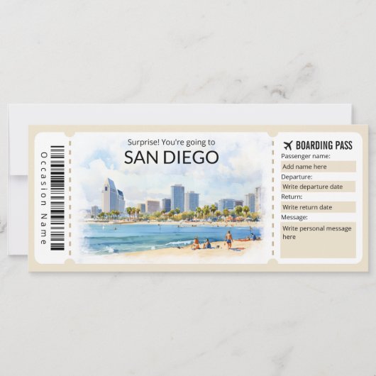 Editable San Diego Flugzeug Ticket, Kalifornien Tr Einladung (Vorderseite)
