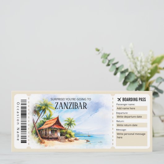 Editable Sansibar Tansania Flugzeug Boarding Pass Einladung (Stehend Vorderseite)