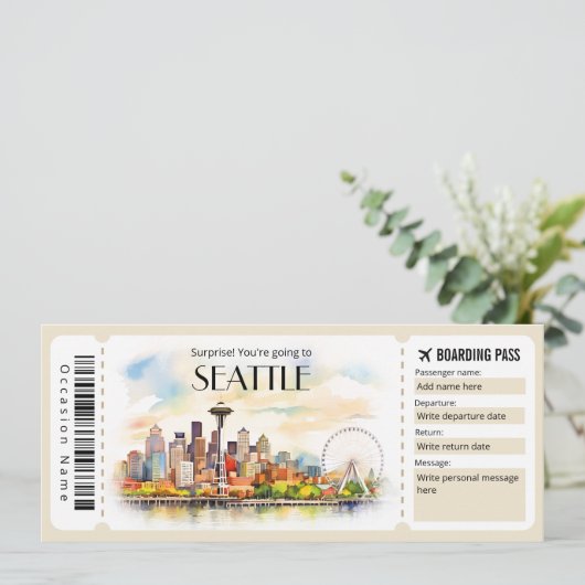 Editable Seattle Flugzeug Boarding Pass Ticket Einladung (Stehend Vorderseite)