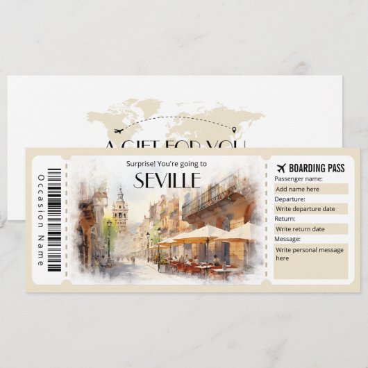 Editable Sevilla Boarding Pass Flugzeug Ticket Einladung (Vorne/Hinten)