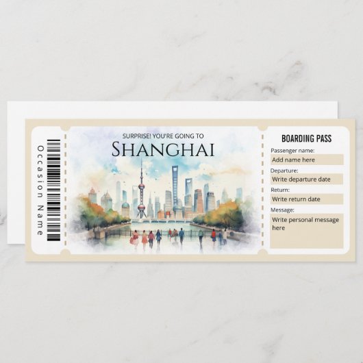 Editable Shanghai Flugzeug Boarding Ticket Einladung (Vorne/Hinten)