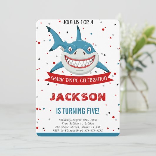 Editable Shark Birthday Einladung (Stehend Vorderseite)