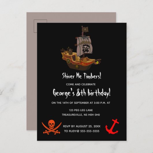 Editable Shiver Me Timbers Pirate Einladungspostkarte (Vorne/Hinten)
