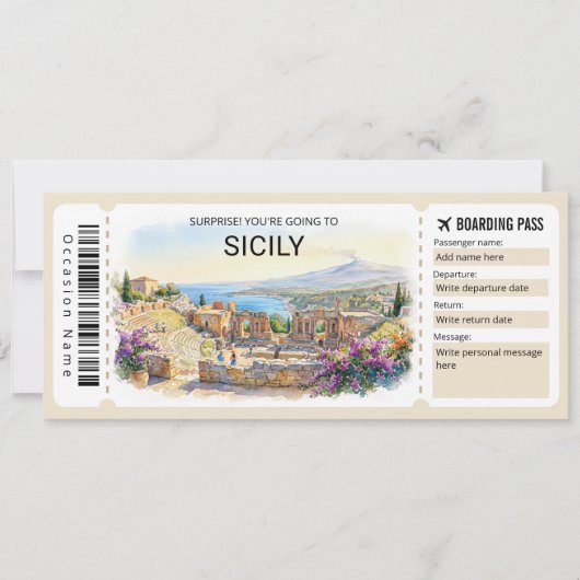 Editable Sicily Trip Boarding Pass Ticket Einladung (Vorderseite)