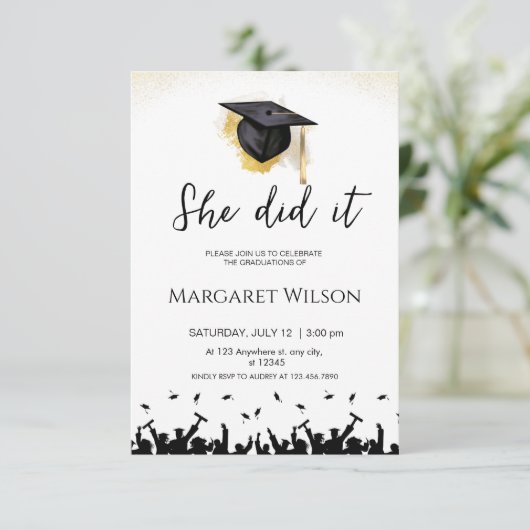 Editable sie tat es Abschluss Einladung (Stehend Vorderseite)