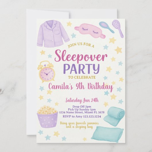Editable Sleepover Geburtstagsparty Einladung (Vorderseite)