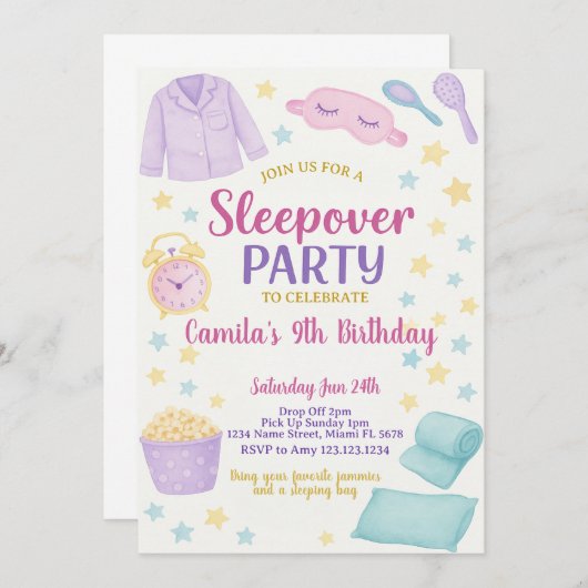 Editable Sleepover Geburtstagsparty Einladung (Vorne/Hinten)