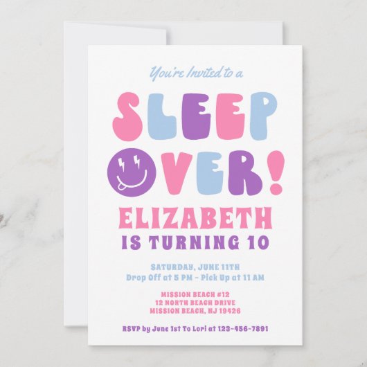 Editable Sleepover Geburtstagsparty Einladung (Vorderseite)