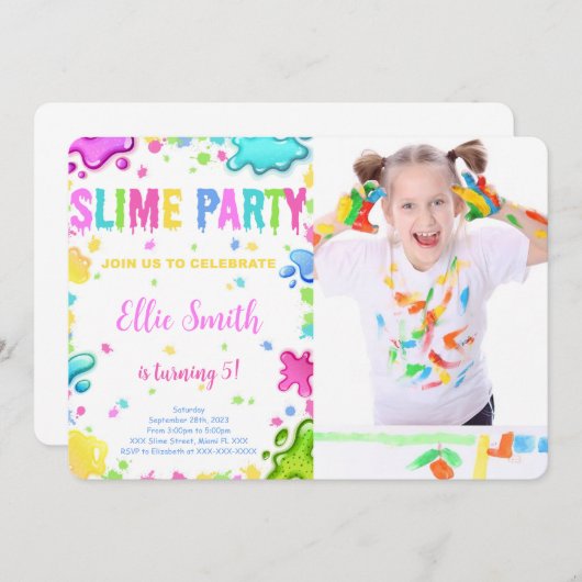 Editable Slime Birthday Einladung mit Foto (Vorne/Hinten)