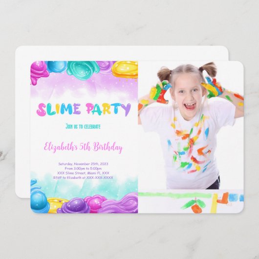 Editable Slime Birthday Party Foto Einladung (Vorne/Hinten)