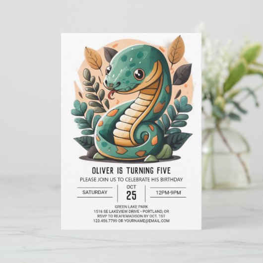 Editable Snake Birthday Einladung (Stehend Vorderseite)