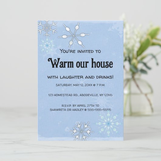 Editable Snowflakes House Erwärmung Einladung (Stehend Vorderseite)